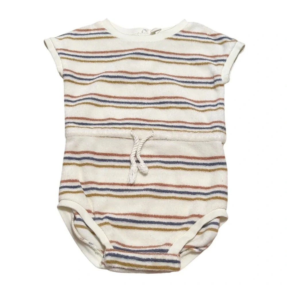 Quincy Mae Neutral Striped Terry Towel One Piece Bodysuit 6-12M Cream Brown Blue